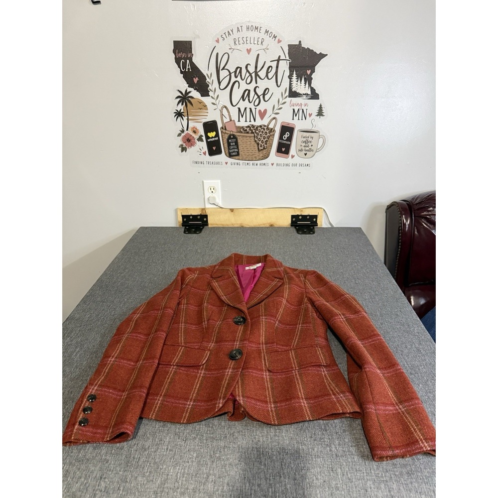 Talbots Women's Plaid Wool Blazer Jacket Sz 6 Brown Pink Lined Button Pockets
